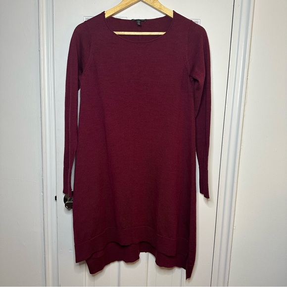 EILEEN FISHER Merino Wool Burgundy Knit Dress Valentines Long Sleeve Small - Picture 1 of 7